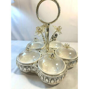Silver Serving Condiment Set w Mirror 5 Covered Glass Bowls Candy Nut Dishes